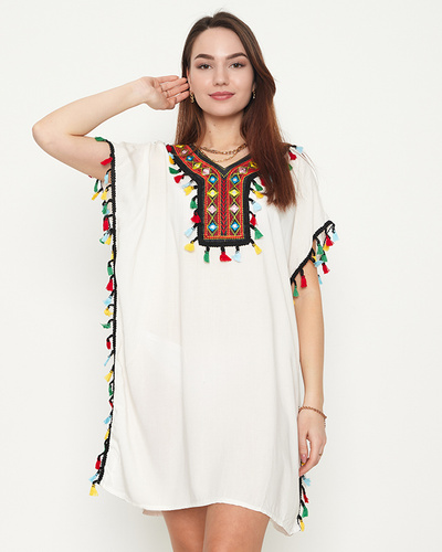 Women's white summer beach tunic with fringes - Clothing