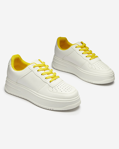 White women's sports sneakers with yellow laces Smaffo- Footwear