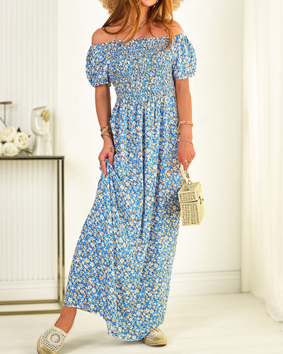 Women's maxi dress a'la hiszpanka in floral pattern in blue- Clothing