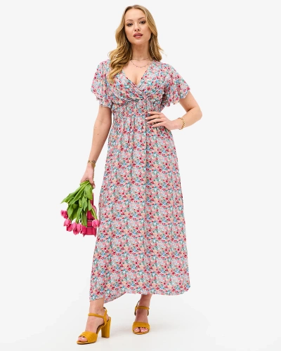 Floral beige women's midi dress with envelope neckline - Clothing