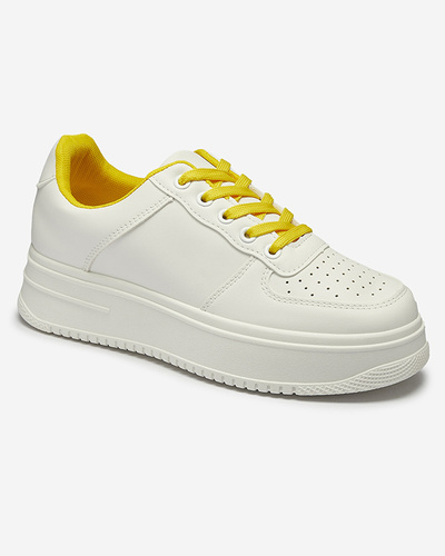 White women's sports sneakers with yellow laces Smaffo- Footwear