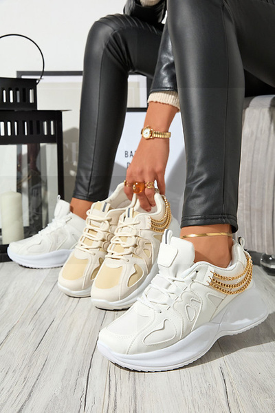 Ladies' beige sneakers with a hidden wedge and a Kermona chain - Footwear