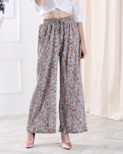 Patterned wide-leg pants for women in cream color- Clothing