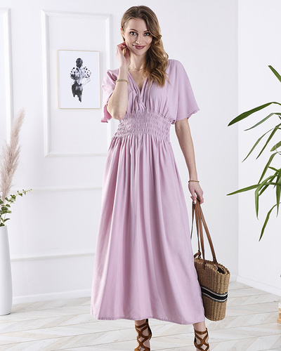 Pink women's long dress with envelope neckline - Clothing