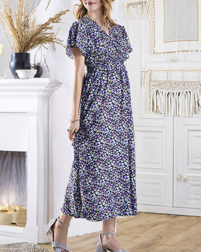 Women's black long dress with purple flowers - Clothing