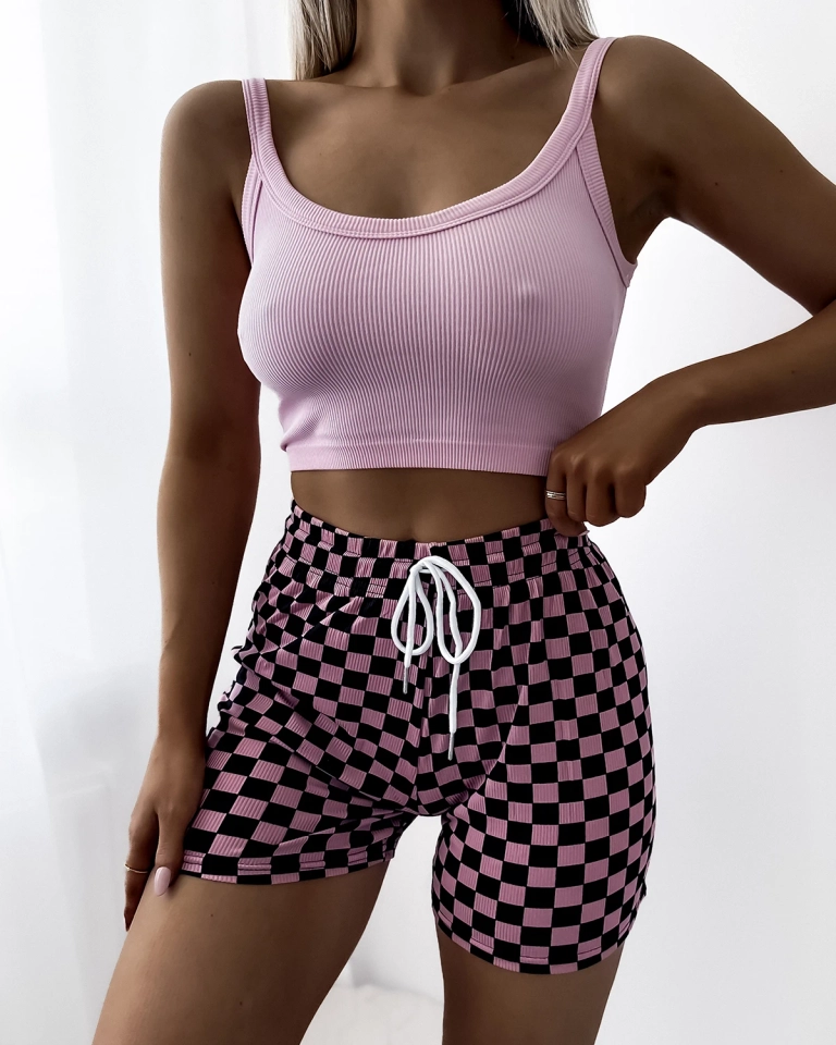Pink and black women's checkered fabric short shorts PLUS SIZE- Clothing