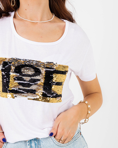 White women's t-shirt with an inscription and sequins - Clothing