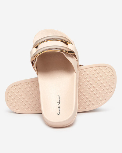 Women's beige slippers with golden Serina ornament - Footwear