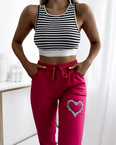 Women's dark pink sweatpants with zirconia embellishment- Clothing