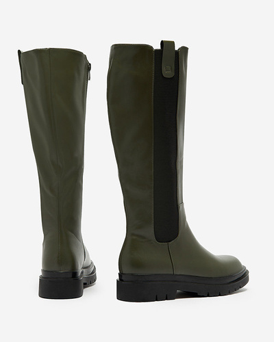 Women's eco-leather knee-high boots in dark green color Orikas - Footwear