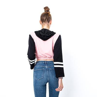 Pink women's crop-top hooded sweatshirt with inscriptions - Clothing