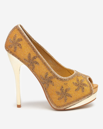 Gold brocade women's high heels with cubic zirconia Yilla - Footwear