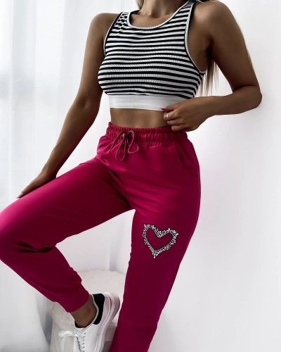 Women's dark pink sweatpants with zirconia embellishment- Clothing