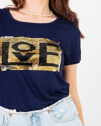 Navy blue women's t-shirt with an inscription and sequins - Clothing