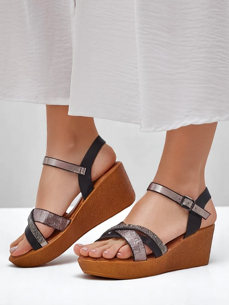 Royalfashion Women's wedge sandals with rhinestones and glitter Glittera