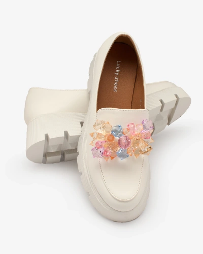 Royalfashion White women's moccasins with colorful crystals Crystal Glam