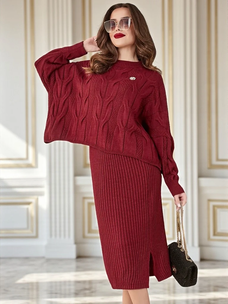 Royalfashion Akrila pletenais sieviešu komplekts ar džemperīti un svārkiem Warm&Fuzzy