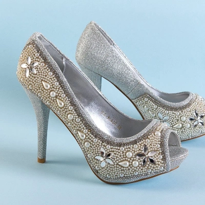 OUTLET Silver women's brocade pumps with cubic zirconia and pearls Gitana - Footwear