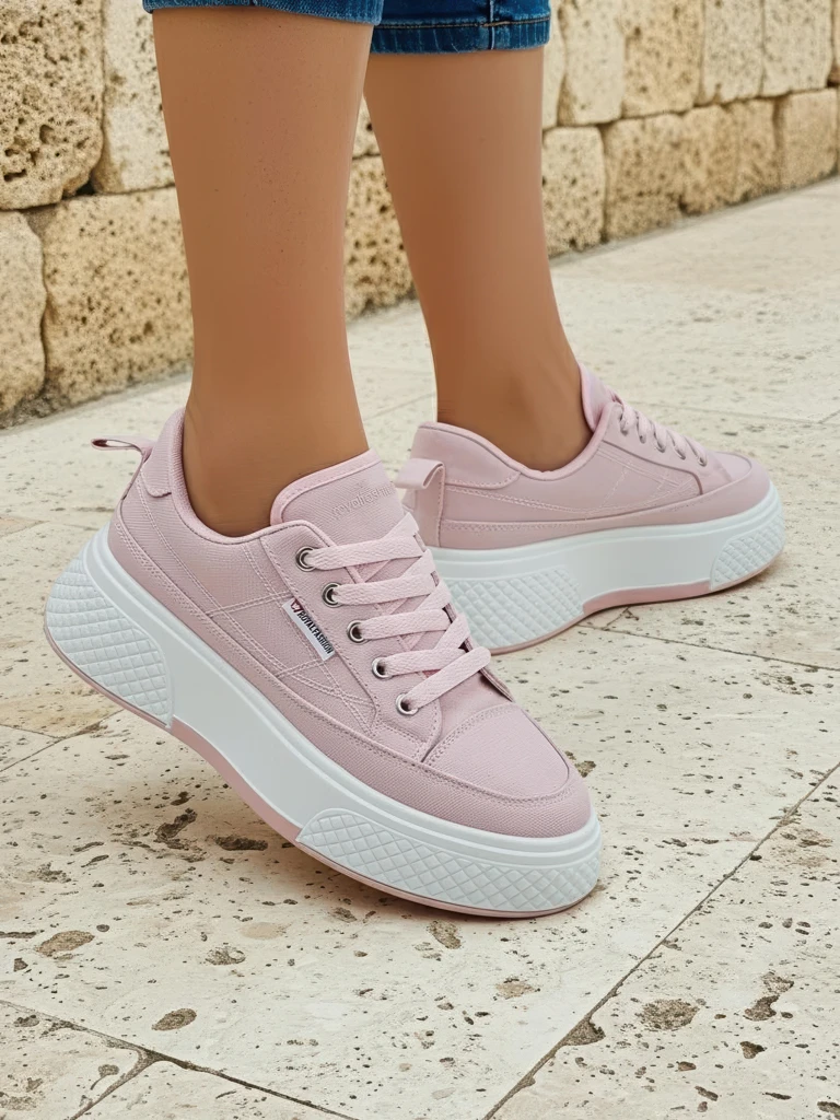 Aurora Rosa - Damskie Różowe Sneakersy Platforma Tkanina Wiosna/Lato/Jesień