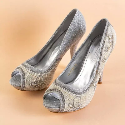 OUTLET Women's silver brocade stiletto pumps with ornaments Belisa - Footwear