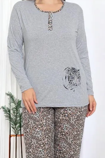 Royalfashion Gray women's 2-piece leopard print pajamas PLUS SIZE