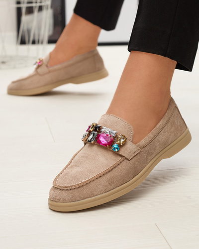 Eco suede light brown women's moccasins with decorative crystals Nellens- Footwear