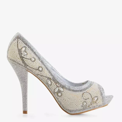 OUTLET Women's silver brocade stiletto pumps with ornaments Belisa - Footwear