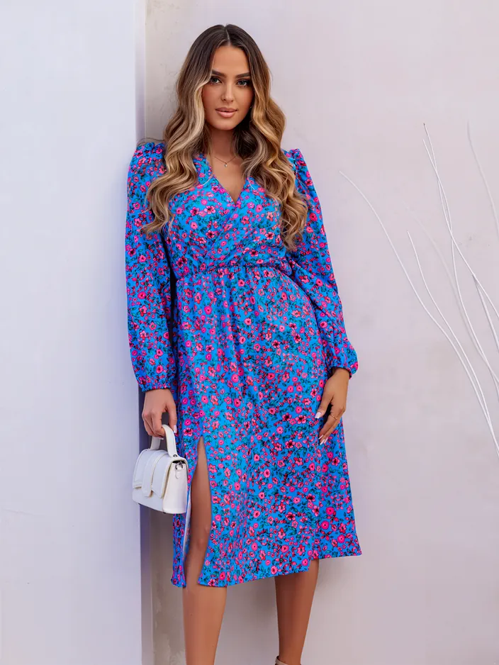 Royalfashion Women's midi dress with tiny flowers, wrap neckline, and slit