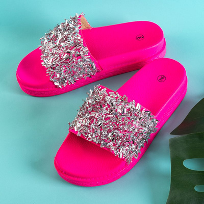 Neon pink women's slippers with cubic zirconias Onesti - Footwear