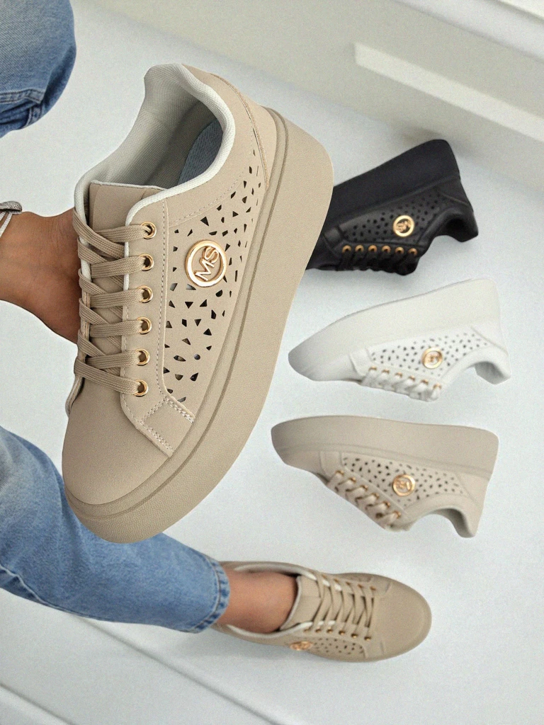 Cleo Ecru Platino – beżowe sneakersy na platformie Royalfashion skóra eko