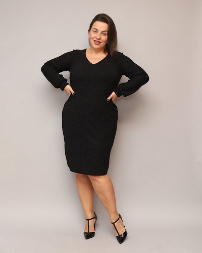 Royalfashion Blizgojoša sieviešu kleita pirms ceļgala melnā krāsā PLUS SIZE