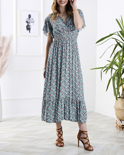 Women's floral midi dress in blue- Clothing