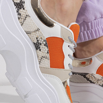 White-orange women's sports sneakers with animal embossing Erwin - Footwear