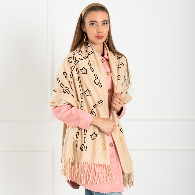 Кремовый женский шарф с золотой отделкой