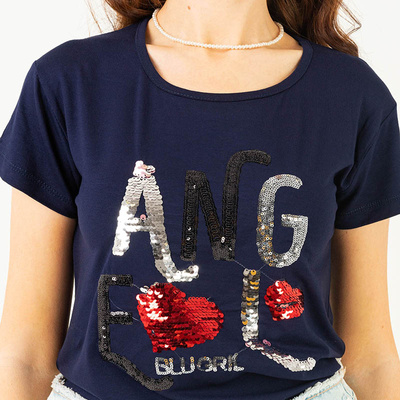 Navy blue ladies t-shirt with sequin text - Clothing