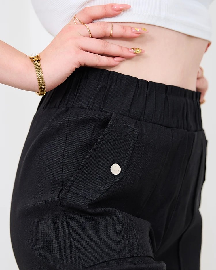 Royalfashion Melnas sieviešu taisnas auduma bikses