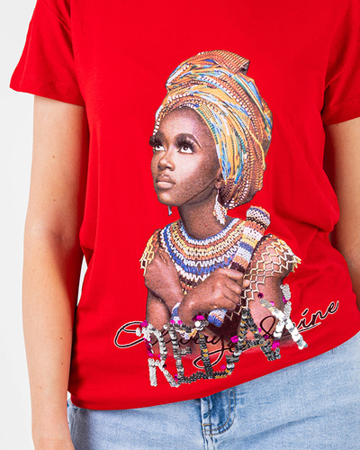 Red women's t-shirt with colored print and sequins - Clothing