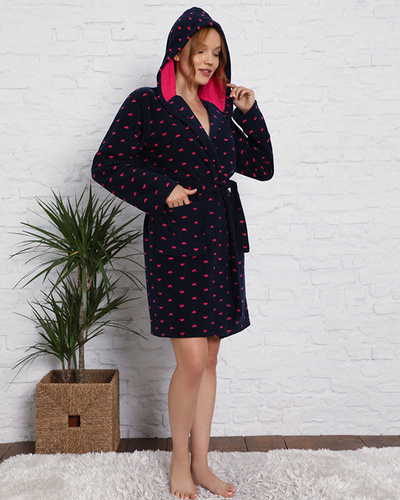 Soft navy blue women's bathrobe with hearts - Clothing