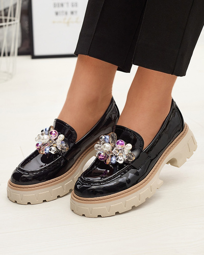 Black lacquered women's moccasins with ornament Leliab- Footwear