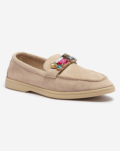 Eco suede light brown women's moccasins with decorative crystals Nellens- Footwear