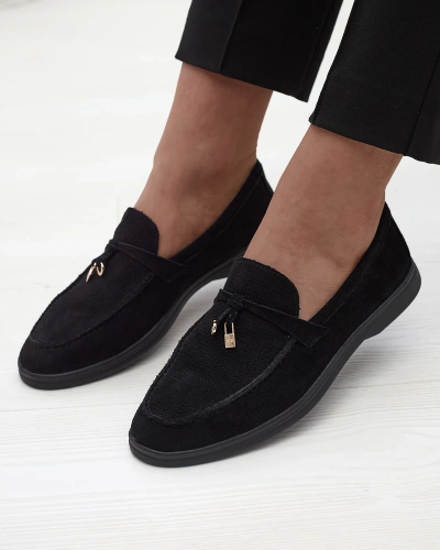 Women's openwork moccasins with gold embellishment in black Sulewia- Footwear