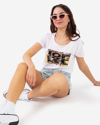 White women's t-shirt with an inscription and sequins - Clothing