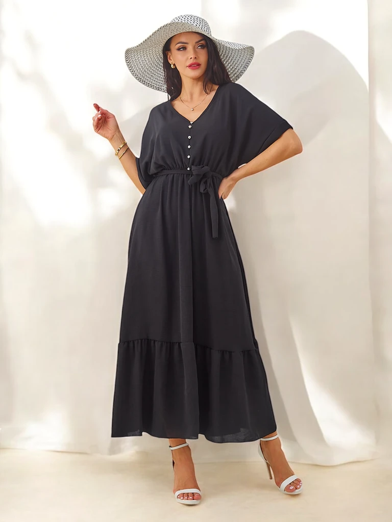 Royalfashion Sieviešu midi kleita ar īsām piedurknēm un dekoratīviem pogām