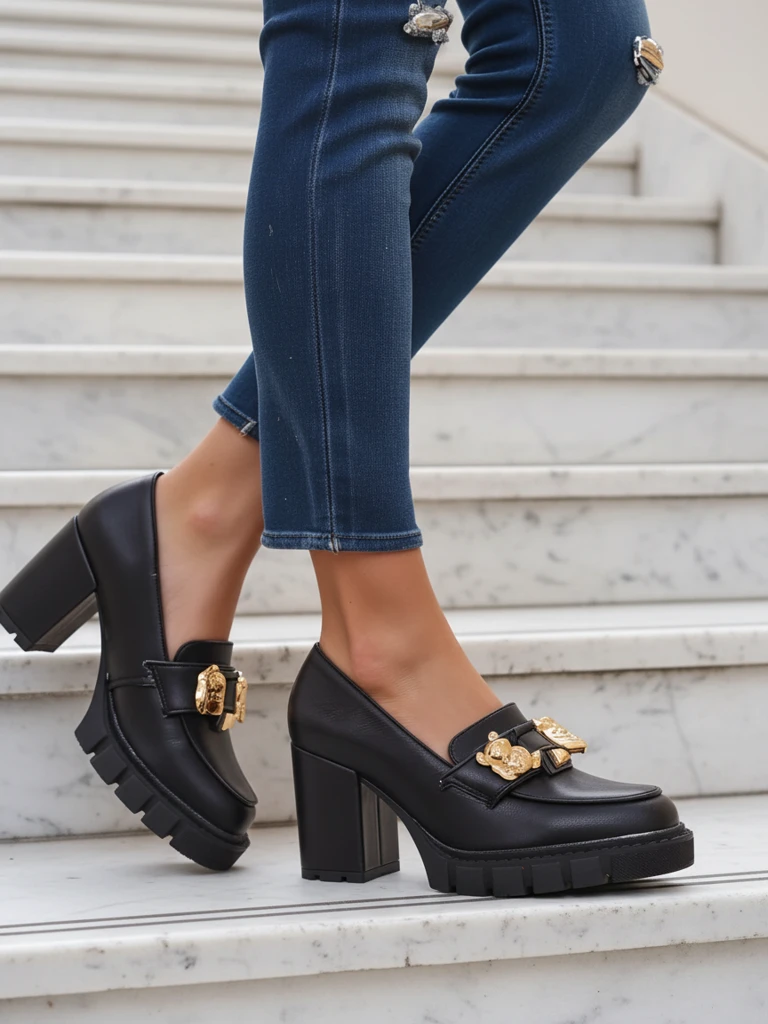 Sandale Dame Athina me Take të Trashë nga Lëkura Eko në Ngjyrë të Zezë