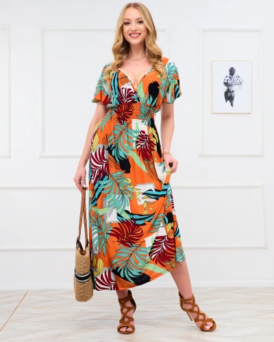 Orange women's long dress with floral pattern - Clothing