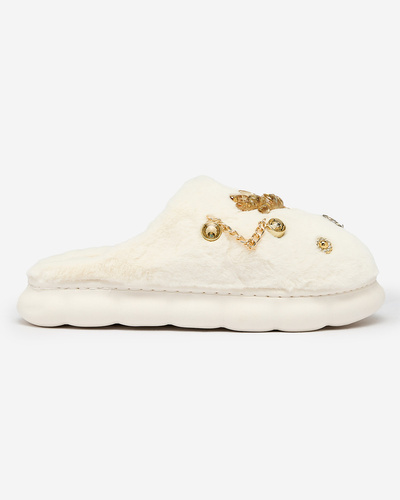 Royalfashion White women's fur slippers with ornaments Erserra