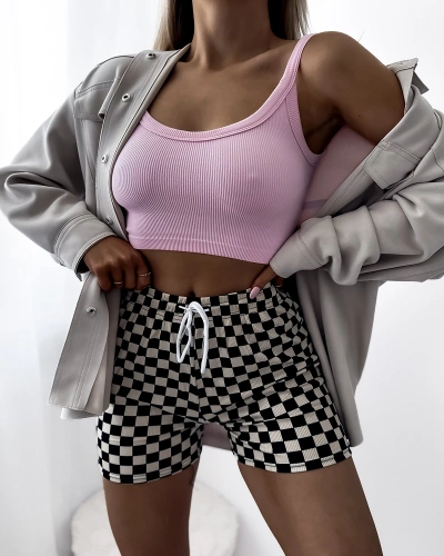 Beige and black women's checkered fabric short shorts PLUS SIZE- Clothing