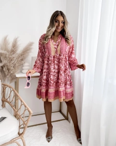 Patterned pink women's short dress- Clothing