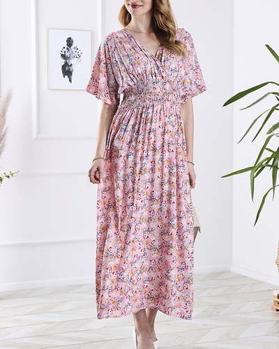 Pink women's midi dress with floral pattern- Clothing