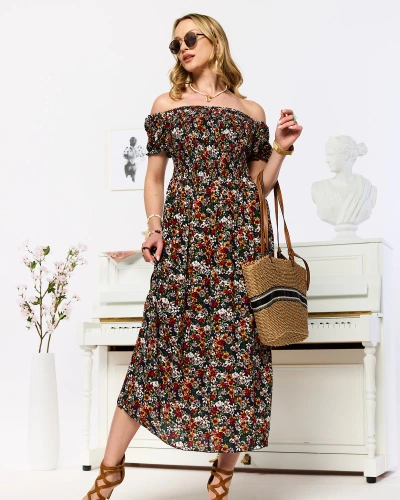 Women's navy blue midi dress with floral pattern - Clothing